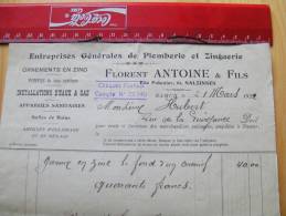 Fac Facture Florent Anoine Plomberie Zinguerie Salzinnes Namur 1922 - 1900 – 1949