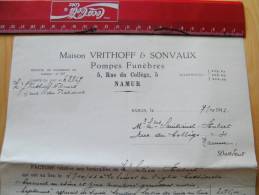Fac Facture Vrithoff Sonvaux Pompes Funèbres Rue Du Collège 5 Namur 1943 - 1900 – 1949