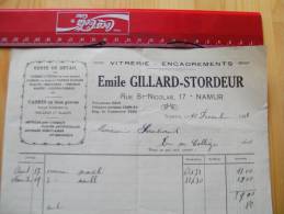 Fac Facture Gillard Stordeur Vitrerie Encadrements Rue S Nicolas Namur 1933 - 1900 – 1949