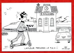 * CHAULNES-LAFLEUR Prend Le TGV(Avril 1989, 5è Salon De La Carte Postale)-Carte Illustrée Signée RIEUX - Chaulnes