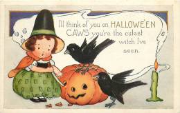 193479-Halloween, Whitney No WH13-3, Young Witch Carving A JOL, Black Crows, Candle With Ghost Smoke - Halloween