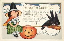 193483-Halloween, Whitney No WH13-1, Young Witch Sitting On Broom  Balanced On A JOL With Crows - Halloween