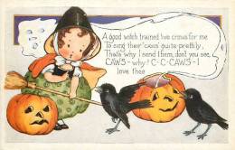 193485-Halloween, Whitney No WH13-2, Young Witch Holding Broom, Training Two Crows To Sing, 2 JOLs, Ghost Smoke - Halloween