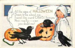 193491-Halloween, Whitney No WH13-5, Young Girl In Ghost Outfit, Scared Black Cat In JOL, Two Crows, Ghost Smoke - Halloween