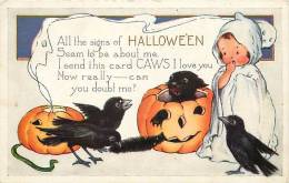 193493-Halloween, Whitney No WH13-5, Young Girl In Ghost Outfit, Scared Black Cat In JOL, Two Crows, Ghost Smoke - Halloween