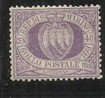 SAN MARINO 1877 CIFRA O STEMMA CENTESIMI 40 LILLA SCURO MH OTTIMA CENTRATURA - Unused Stamps
