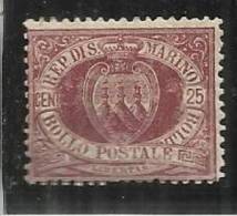 SAN MARINO 1877 - 1890 STEMMA COAT OF ARMS ARMOIRIES DISCRETA CENTRATURA CENT. 25 LACCA MH VARIETA' CALCOGRAFIA - Unused Stamps