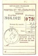 REF LPU11 - FRANCE - TALON DE MANDAT POSTAL OBLITERE A TOURNY 2/2/1914 - Other & Unclassified