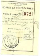 REF LPU11 - FRANCE - TALON DE DECLARATION DE VERSEMENT OBLITERE A TOURNY 12/?/1905 - Andere & Zonder Classificatie