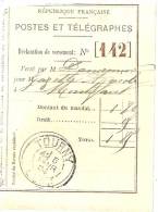 REF LPU11 - FRANCE - TALON DE DECLARATION DE VERSEMENT OBLITERE A TOURNY 5/2/1904 - Other & Unclassified