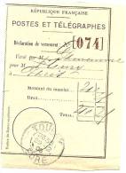 REF LPU11 - FRANCE - TALON DE DECLARATION DE VERSEMENT OBLITERE A TOURNY 29/12/1905 - Autres & Non Classés