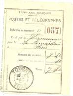 REF LPU11 - FRANCE - TALON DE DECLARATION DE VERSEMENT OBLITERE A TOURNY 29/7/1901 - Otros & Sin Clasificación