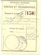 REF LPU11 - FRANCE - TALON DE DECLARATION DE VERSEMENT OBLITERE A TOURNY 8/7/1907 - Other & Unclassified