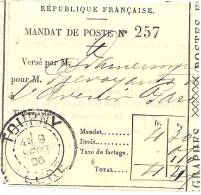 REF LPU11 - FRANCE - TALON DE MANDAT POSTE OBLITERE A TOURNY 9/9/1906 - Autres & Non Classés