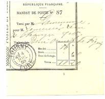 REF LPU11 - FRANCE - TALON DE MANDAT POSTE OBLITERE A TOURNY 4/7/1905 - Autres & Non Classés