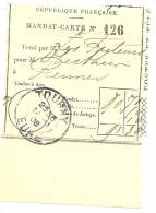REF LPU11 - FRANCE - TALON DE MANDAT CARTE OBLITERE A TOURNY 14/1/1908 - Hojas Completas