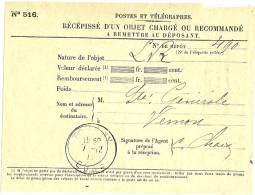 REF LPU11 - FRANCE - RECEPISSE DE CHARGEMENT DE VALEURS OBLITERE A TOURNY 7/12/1911 - Feuilles Complètes