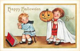 193511-Halloween, Whitney No WH43a-5, Boy Being Scared By Another Boy In Ghost Costume Holding A Jack-o-Lantern - Halloween