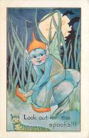 193513-Halloween, Whitney No WH4-4, Blue Elf Sitting On Blue Mushroom, Full Moon Face, Caterpiller - Halloween