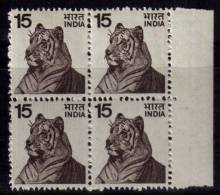 India MNH 1975,  Block Of 4, Tiger, White Background, Animal, Big Cat, - Unused Stamps