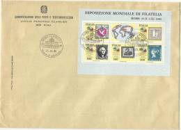 ITALIA  REPUBBLICA 1985 ESPOSIZIONE MONDIALE DELLA FILATELIA VI FRANCOBOLLI 5 CONTINENTI FOGLIETTO TIMBRATO FDC - Hojas Bloque