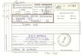 ITALIA, 1989, Bollettino Paccopostale Ordinario Da Limena(PD) A  Monopoli, Affrancatura Mista - 1981-90: Storia Postale