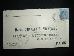 LETTRE POUR LA FRANCE TP 8 C OBL. AU ? 1909 SINGAPORE + ARRIVEE OBL. MECANIQUE BD SEULS 3 PARIS 3 DISTRIBON - Singapore (...-1959)