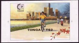 Tonga 1995 S/S - Uncut Imperf Plate Proof - Singapore Stamp Exhibition  - Bicycle Motorbike Orchid Shown - 15 Exist - Tonga (1970-...)