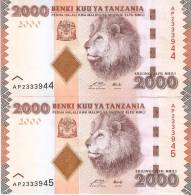 LOTE DE 2 BILLETES CORRELATIVOS DE TANZANIA DE 2000 SHILINGI DE UN LEON (LION) (BANKNOTE) NUEVOS SIN CIRCULAR - Tansania