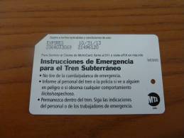 Ticket De Métro - Bus MTA "Metrocard / Instrucciones De Emergencia Para El Tren Subterraneo" New York Etats-Unis USA - Wereld