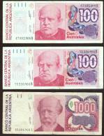 ® ARGENTINA: 100 Australes - Lote De 3 Billetes - Argentine