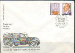 POLAND FDC 1989 WORLD POST OFFICE PHILATELIC STAMP DAY Postal Van Vehicles Transport Cars - FDC