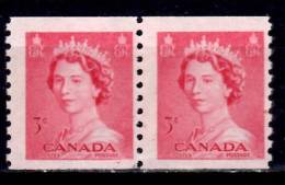 Canada 1953 3 Cent Queen Elizabeth II Karsh Coil Issue #332 Pair - Coil Stamps