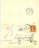 REF LACHSEM - CL SEMEUSE CAMEE 10c DATE 804 VANNES/PARIS1/7/1908 REDIRIGEE SUR COLCHESTER TAXEE - Cartoline-lettere