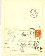 REF LACHSEM - CL SEMEUSE CAMEE 10c DATE 804 VANNES/PARIS1/7/1908 REDIRIGEE SUR COLCHESTER TAXEE - Kartenbriefe
