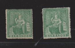 Barbados 1861 Brittania 1d Green - 2 Unused Examples (MNG) - Barbados (...-1966)