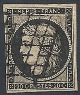 1849-50 FRANCIA USATO CERERE 20 CENT NERO SU BIANCO - FR450 - 1849-1850 Cérès