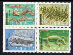 Canada MNH Scott #1309a Block Of 4 40c Conodonts, Archaeopteris, Eusthenopteron Foordi, Hylonomus Lyelli - Prehistoric - Unused Stamps