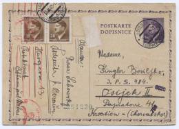 Czech Republic, Germany, WW2 - Lodenice, 1943. Postal Stationery, Censorship, Traveled To Osijek Croatia / NDH - Storia Postale