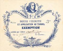 Diplôme De 1904 - Lycée Blaise Pascal De Clermont Ferrand - Certificat De Bonne Conduite Et Application Au Travail - Diplômes & Bulletins Scolaires