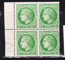 FRANCE N° 675 80C VERT JAUNE TYPE CERES DE MAZELIN BLOC DE 4 VERRUE SUR LE NEZ  NEUF SANS CHARNIERE - Ungebraucht