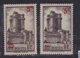 FRANCE N° 491 5F S 10F BRUN S AZURE DONJON DE VINCENNES  2 SURCHARGES DIFFERENTES NEUF SANS CHARNIERE - Ungebraucht