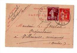 ENTIER POSTAL CARTE LETTRE Paix + Timbre Semeuse Année 1938 : CABRESPINE VILLENEUVE MINERVOIS - Cartoline-lettere