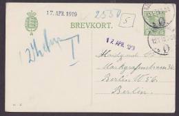 Denmark Postal Stationery Ganzsache Entier KJØBENHAVN Ø. 1919 To BERLIN Taxe Postage Due Underpaid Porto - Postal Stationery