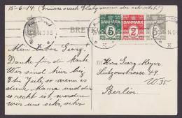 ## Denmark Uprated Postal Stationery Ganzsache Entier KJØBENHAVN K. 1914 To BERLIN Deutschland (2 Scans) - Postwaardestukken