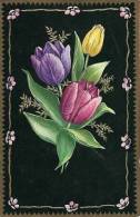 Bouquet Fleurs, Tulipes, Dessin Sur Fond Noir / Cadre Relief / édit M.D Paris 6640 / écrite - Other & Unclassified