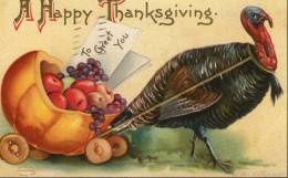 Gaufrée Signée H. CLAPSADDLE : HAPPY THANKSGIVING . Dindon,potirons, Fruits ... SUPERBE . - Clapsaddle