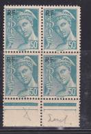 FRANCE N°660 50C TURQUOISE TYPE MERCURE SURCHARGE FINE F  EFFACE TENANT A NORMAL BLOC DE 4 NEUF SANS CHARNIERE - Unused Stamps