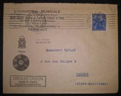 Enveloppe à En-tête DISQUES ODEON De 1929 De PARIS Pour CANNES - 78 Rpm - Schellackplatten