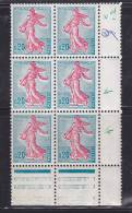 FRANCE  N°1233 20C TURQUOISE ET ROSE TYPE SEMEUSE DE PIEL TRAIT BLANC LE LONG DU BRAS LE BAS DE LA ROBE BLOC DE 6** - Unused Stamps